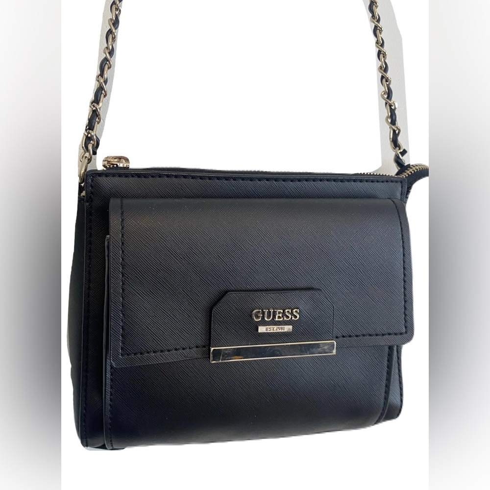 GUESS Cute Small Black Chain Strap Women's Bag Faux Leather Silver Crossbody